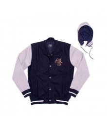 Hooded Varsity Jacket, Navy/Grey
